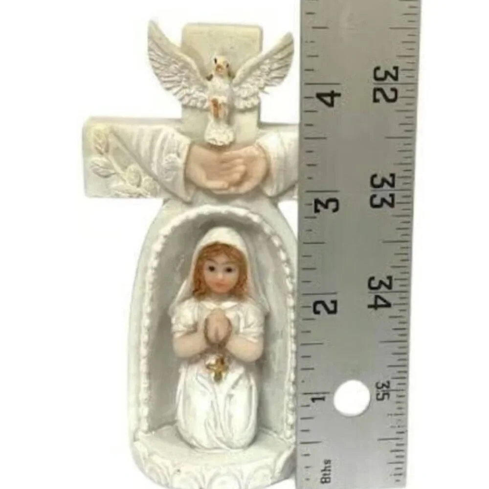First Communion Praying Girl Inside Cross Figurine Favor Religious Gift